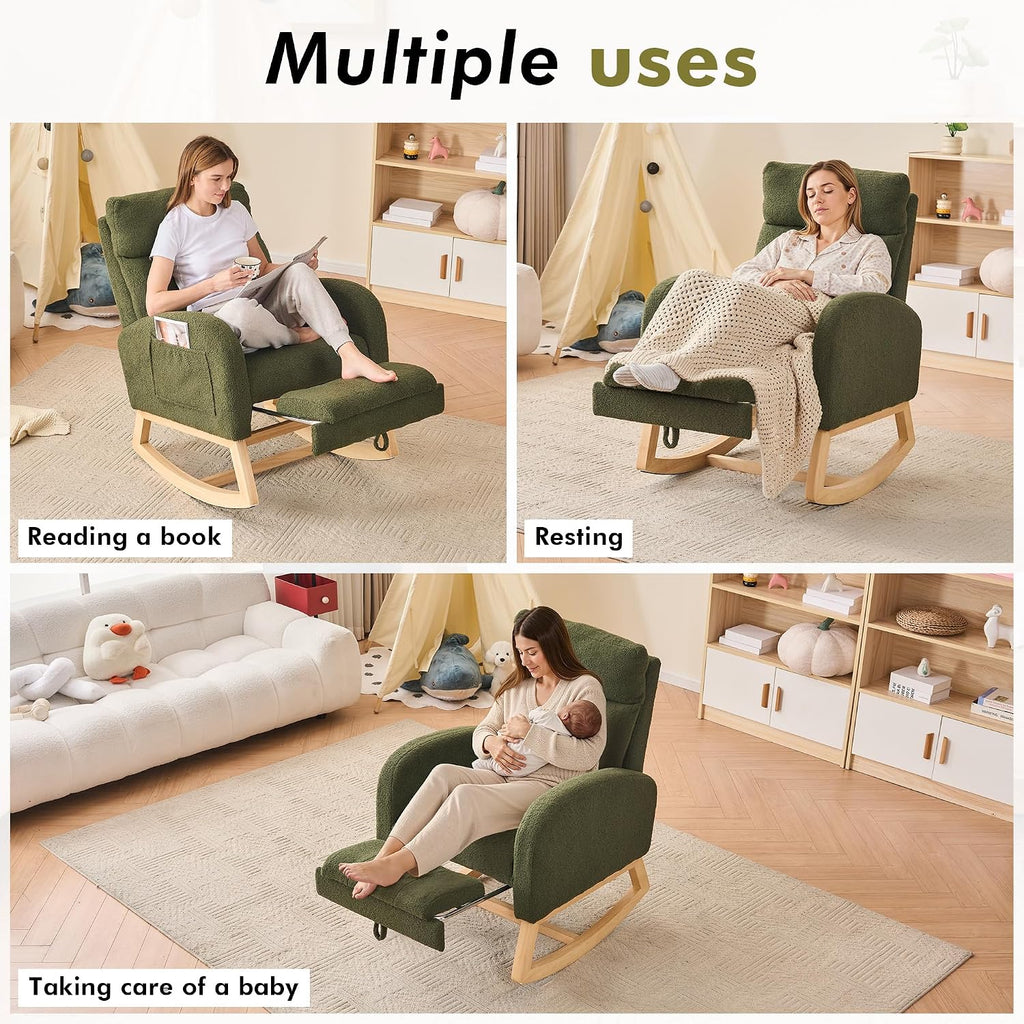FOXHUNTER Rocking Chair for Nursery with High Backrest & Foot Rest-Nursery Rocking Chairs with Side Storage Pocket for Breastfeeding,Modern Glider Chair for Baby Bedroom,Living Room,Teddy, Green