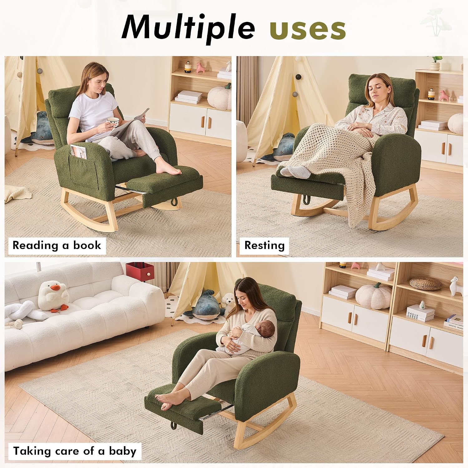 FOXHUNTER Rocking Chair for Nursery with High Backrest & Foot Rest-Nursery Rocking Chairs with Side Storage Pocket for Breastfeeding,Modern Glider Chair for Baby Bedroom,Living Room,Teddy, Green