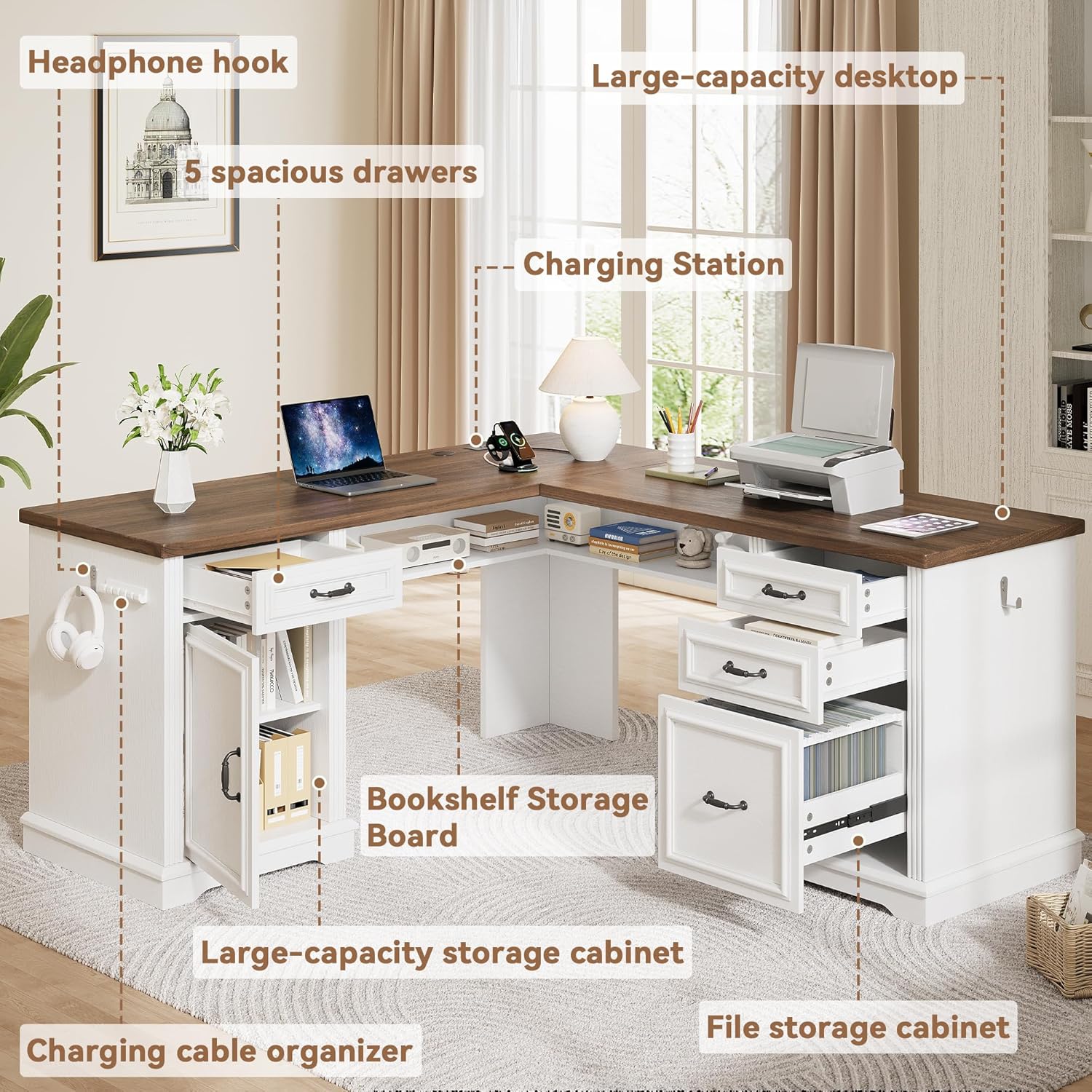 Farmhouse L Shaped Executive Desk with 4 Drawers and Charging Station, Wood Corner Home Office Computer Desk with File Cabinet Storage, Hidden Under Desk Storage Shelf, Headphone Hook - Brown+White