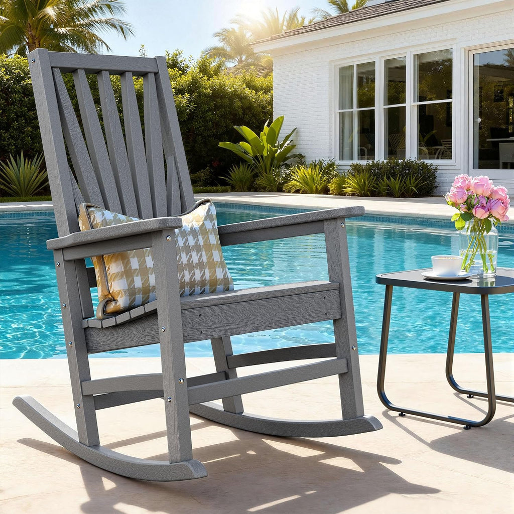 DWVO Outdoor Rocking Chair, Patio Rocker with Windsor Backrest & Wide Armrests, HDPE Patio Chair, 30° Rocking Motion, Outdoor Rocker for Porch, Balcony, Garden Seating, Gray