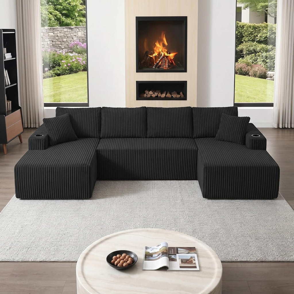 ivoros 125" Cloud Couch Sectional, Modular Sofa with Cup Holder and Storage Pocket, Corduroy U Shaped Boneless Sofas, Couch in a Box, No Assembly Required, Black Couches for Living Room