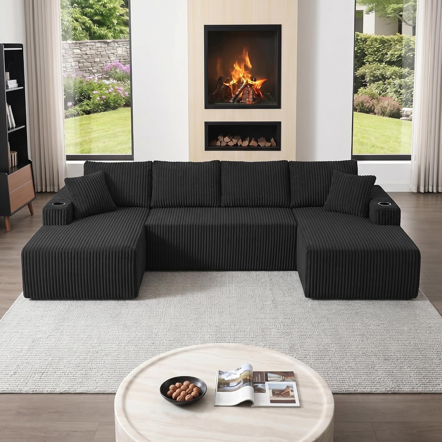 ivoros 125" Cloud Couch Sectional, Modular Sofa with Cup Holder and Storage Pocket, Corduroy U Shaped Boneless Sofas, Couch in a Box, No Assembly Required, Black Couches for Living Room