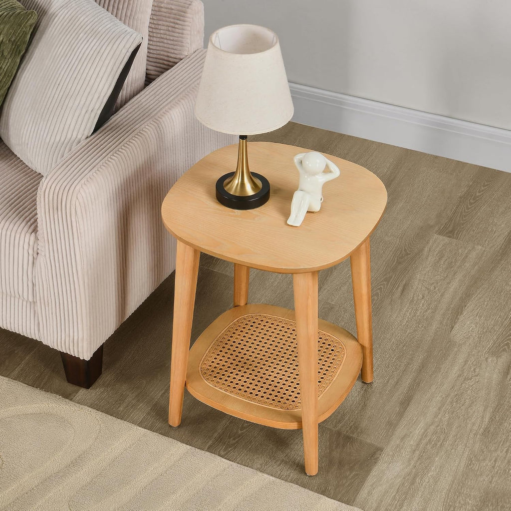 Boho End Table with Rattan Storage Shelf ,Square Sofa Beside Tables with Rounded Corners, Small Telephone Table- for Living Room, Vintage-Inspired Accent Corner Table, Natural Oak CJZ-D0635-OA