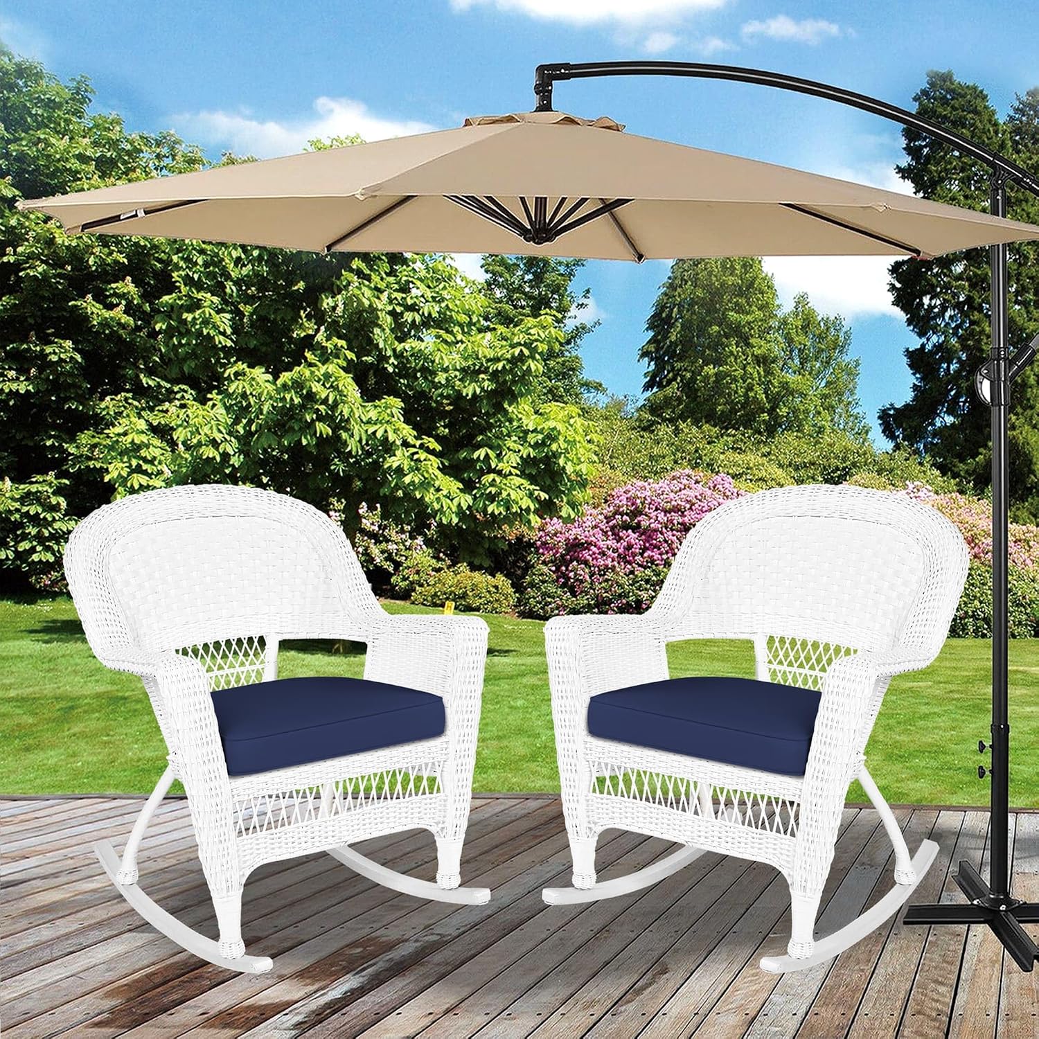 Jeco Rocker Wicker Chair with Blue Cushion, Set of 2, White