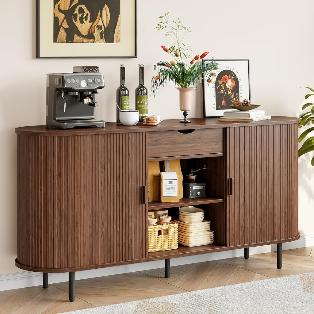 ONBRILL 63'' Fluted Sideboard Buffet Cabinet with Storage, Large Credenza Storage Cabinet with Drawers, Mid Century Modern Buffet Table Accent Console Cabinet for Kitchen Living Room Enrtyway, Walnut