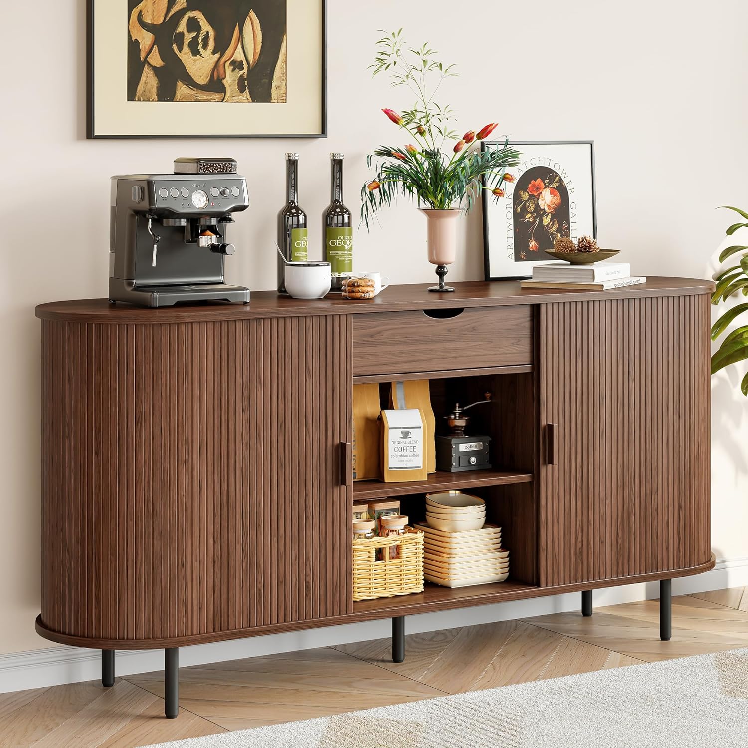 ONBRILL 63'' Fluted Sideboard Buffet Cabinet with Storage, Large Credenza Storage Cabinet with Drawers, Mid Century Modern Buffet Table Accent Console Cabinet for Kitchen Living Room Enrtyway, Walnut