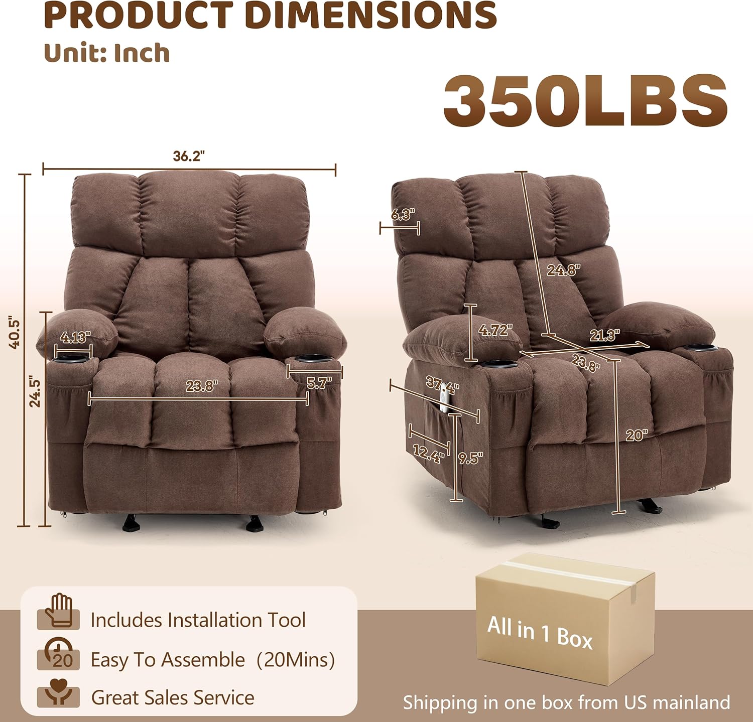 Massage Rocking Recliner Chair, Ergonomic Recliners Sofa with Vibration Massage & Heat, Rocking Chair Nursery Chair for Living Room Lounge with 4 Pockets, 2 Cup Holders, USB Charge Port, Brown