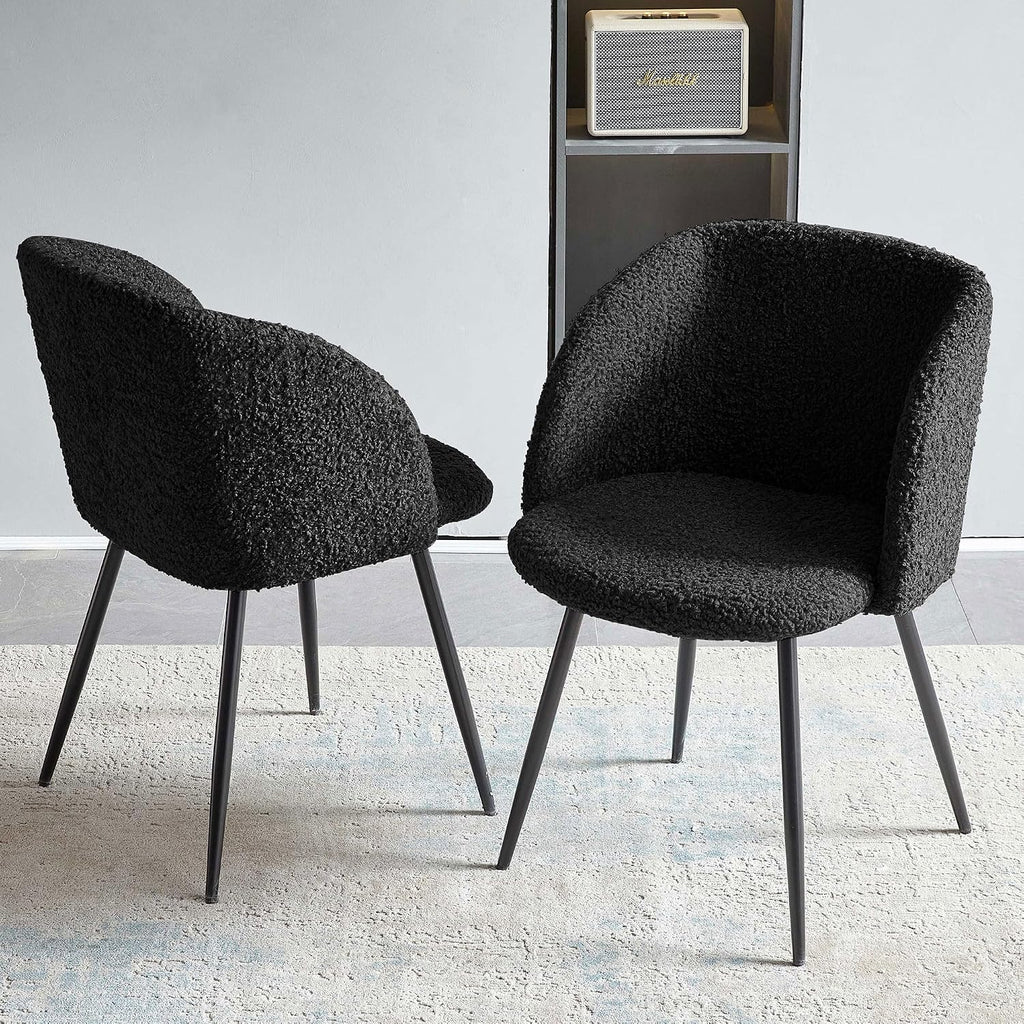 NORDICANA Accent Chairs Set of 2, Fuzzy Sherpa Dining Chairs with Barrel Back, Upholstered Faux Fur Armchairs with Black Metal Leg, Living Room Chairs (Black)
