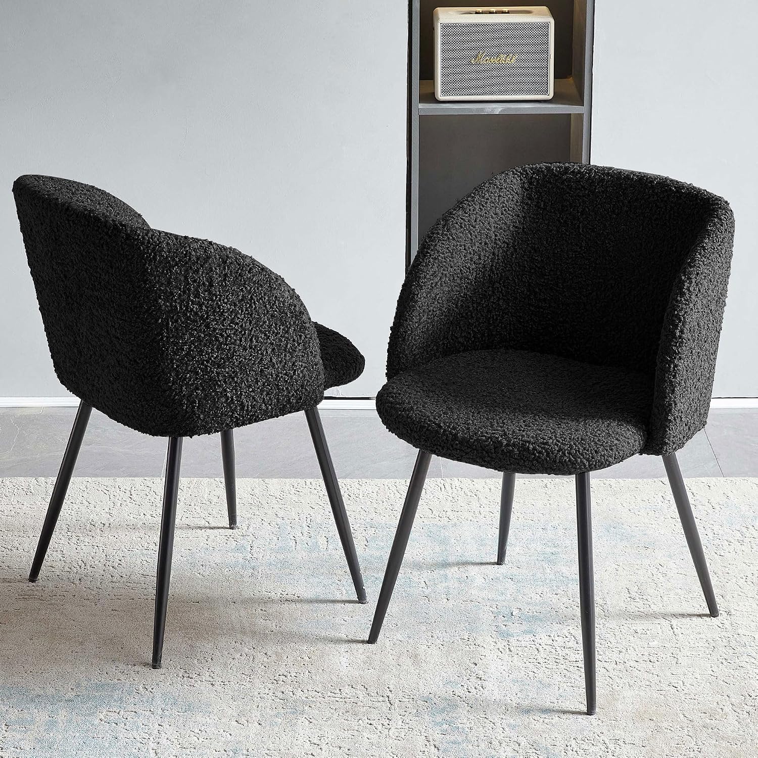 NORDICANA Accent Chairs Set of 2, Fuzzy Sherpa Dining Chairs with Barrel Back, Upholstered Faux Fur Armchairs with Black Metal Leg, Living Room Chairs (Black)