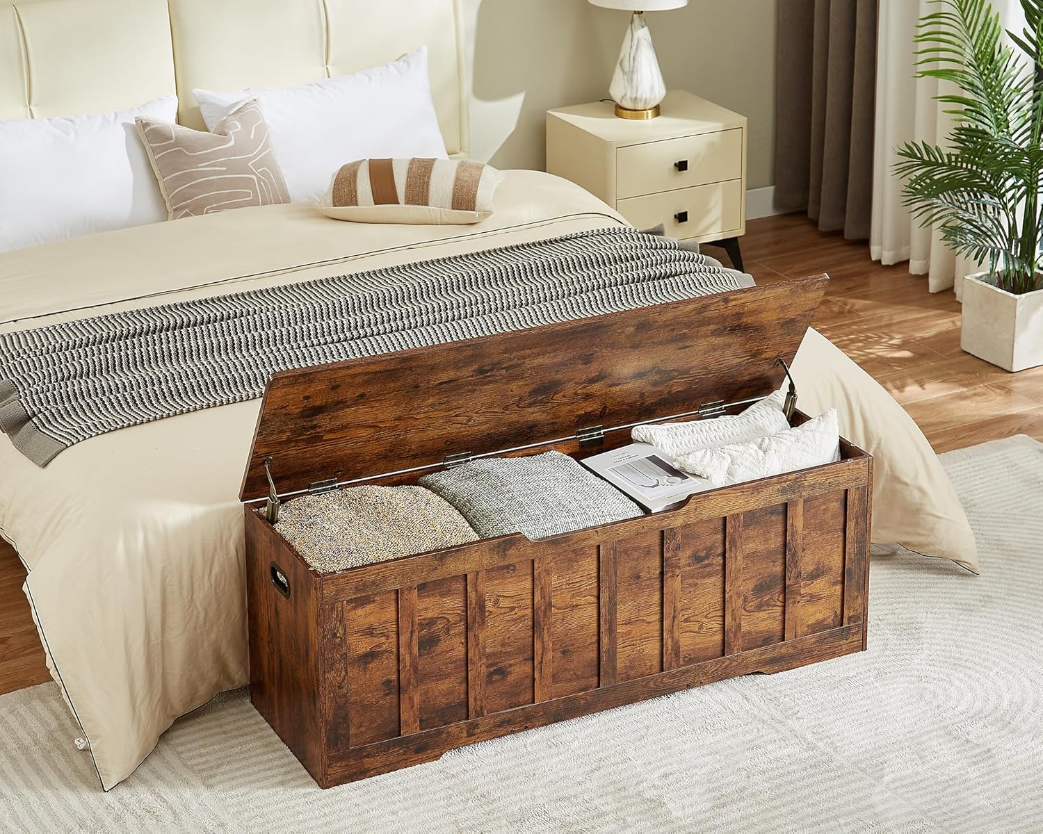 VANKILEY 51.2"Storage chest extra large,storage bench with 2 safety hinges,Shoe Bench,51.2*15.7*19.1inches,wooden trunk for bedroom,livingroom,entryway,Supports 220 lb,Easy Assembly(Rustic brown)