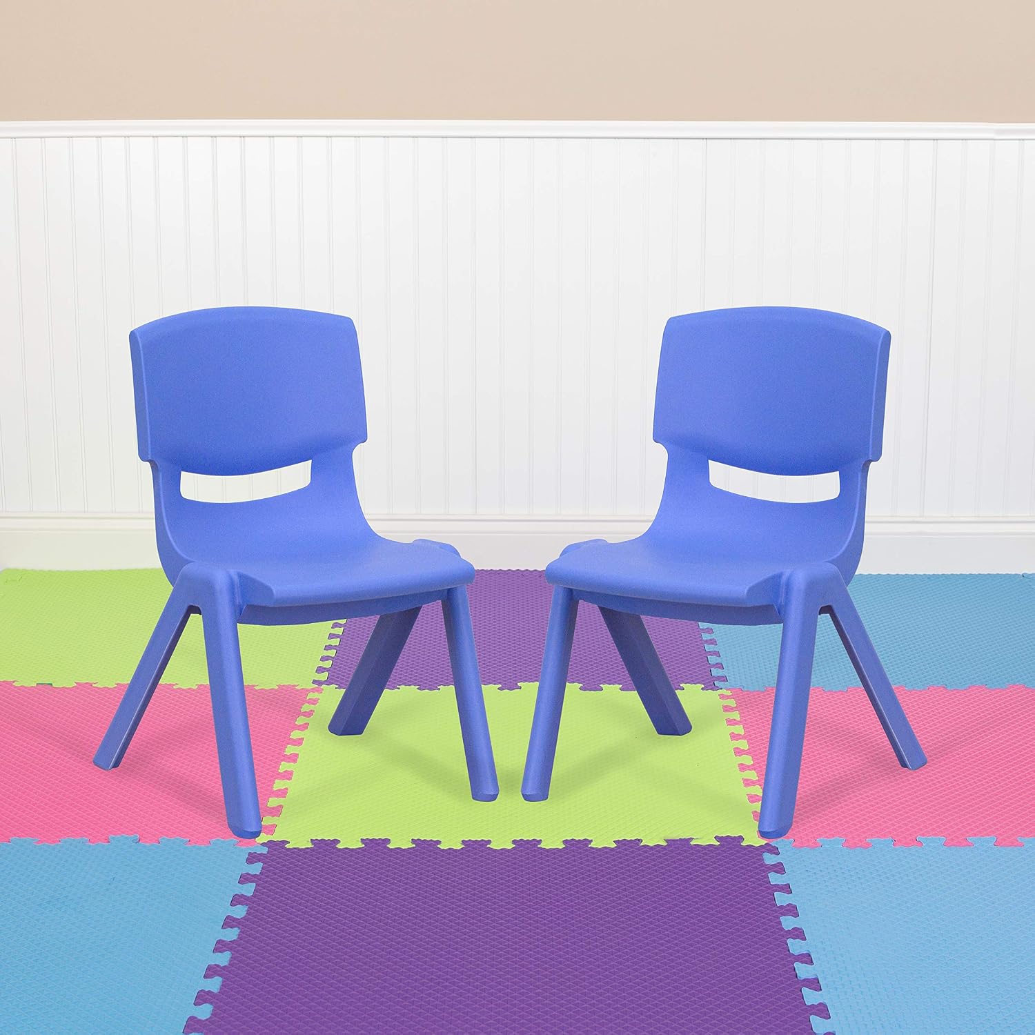 EMMA + OLIVER 2 Pack Blue Plastic Stackable School Chair with 10.5" H Seat, Preschool Chair