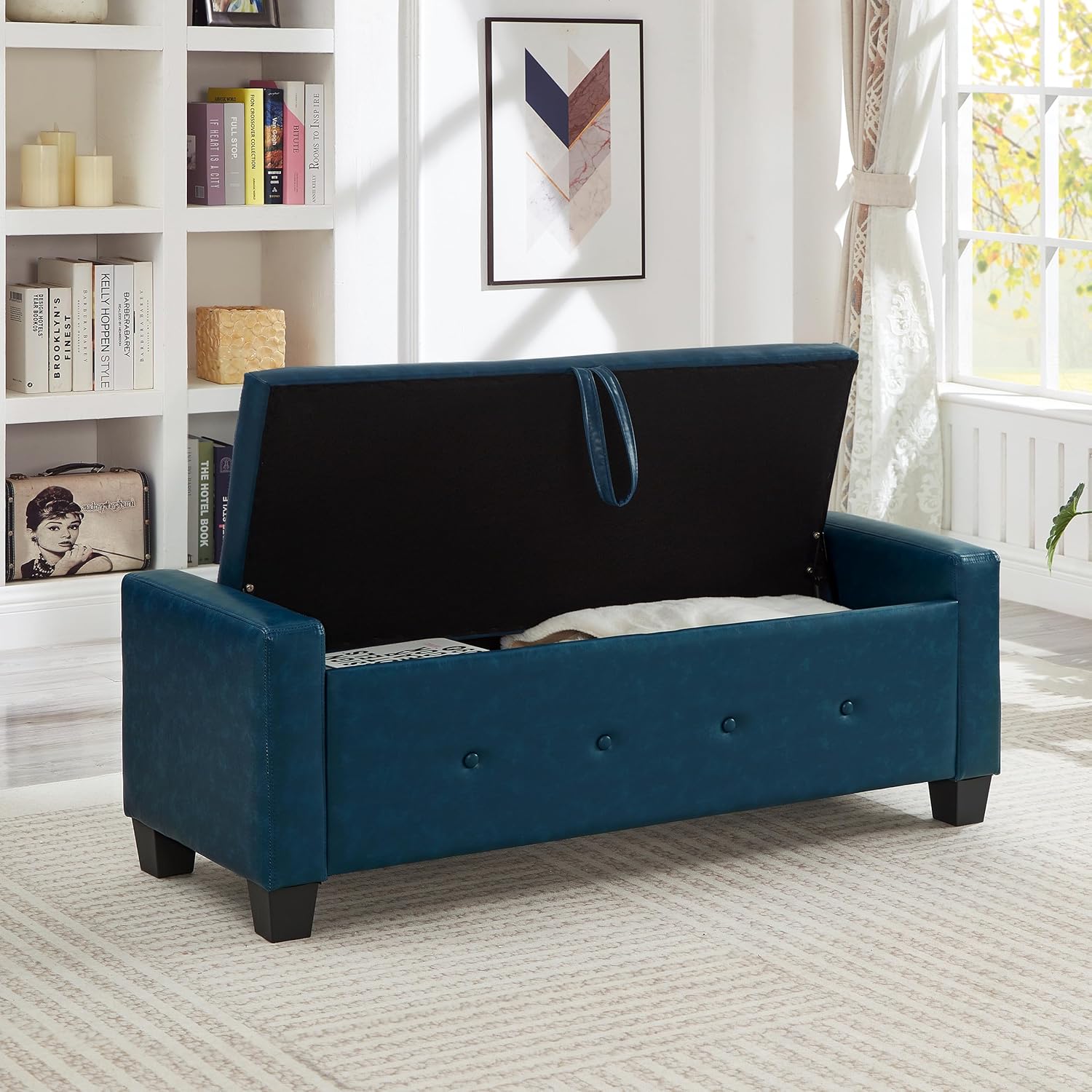 Betoko PU Leather Ottoman Bench with Storage,48" Mid Century Modern Storage Bed Bench for Bedroom,Button Tufted Ottoman Benches with Seating for Living Room,Entryway,Window (PU Blue)
