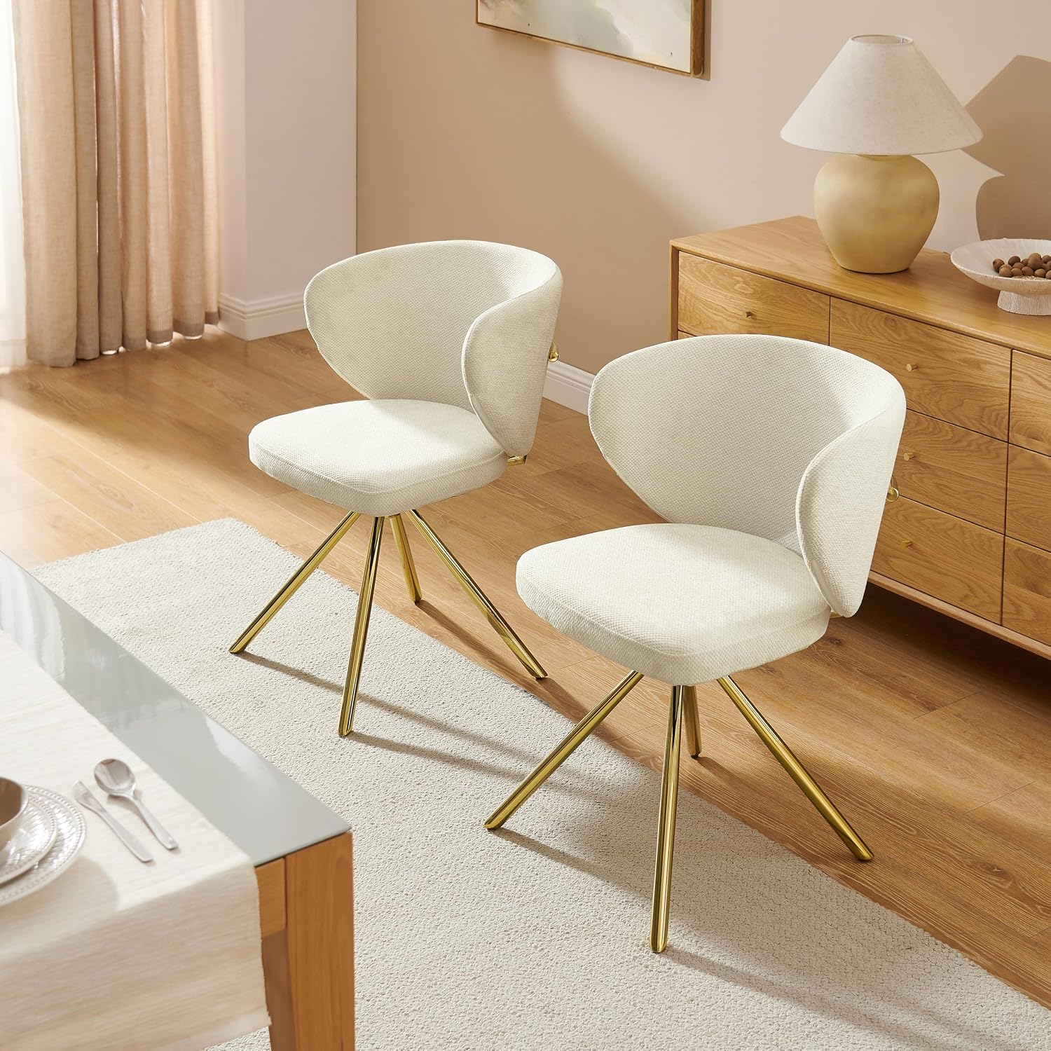 Art Leon Swivel Dining Chairs Set of 2 - Modern Fabric Upholstered Kitchen Dining Room Chairs, Armless Accent Chairs with Golden Metal Legs, Side Chairs for Vanity, Off White
