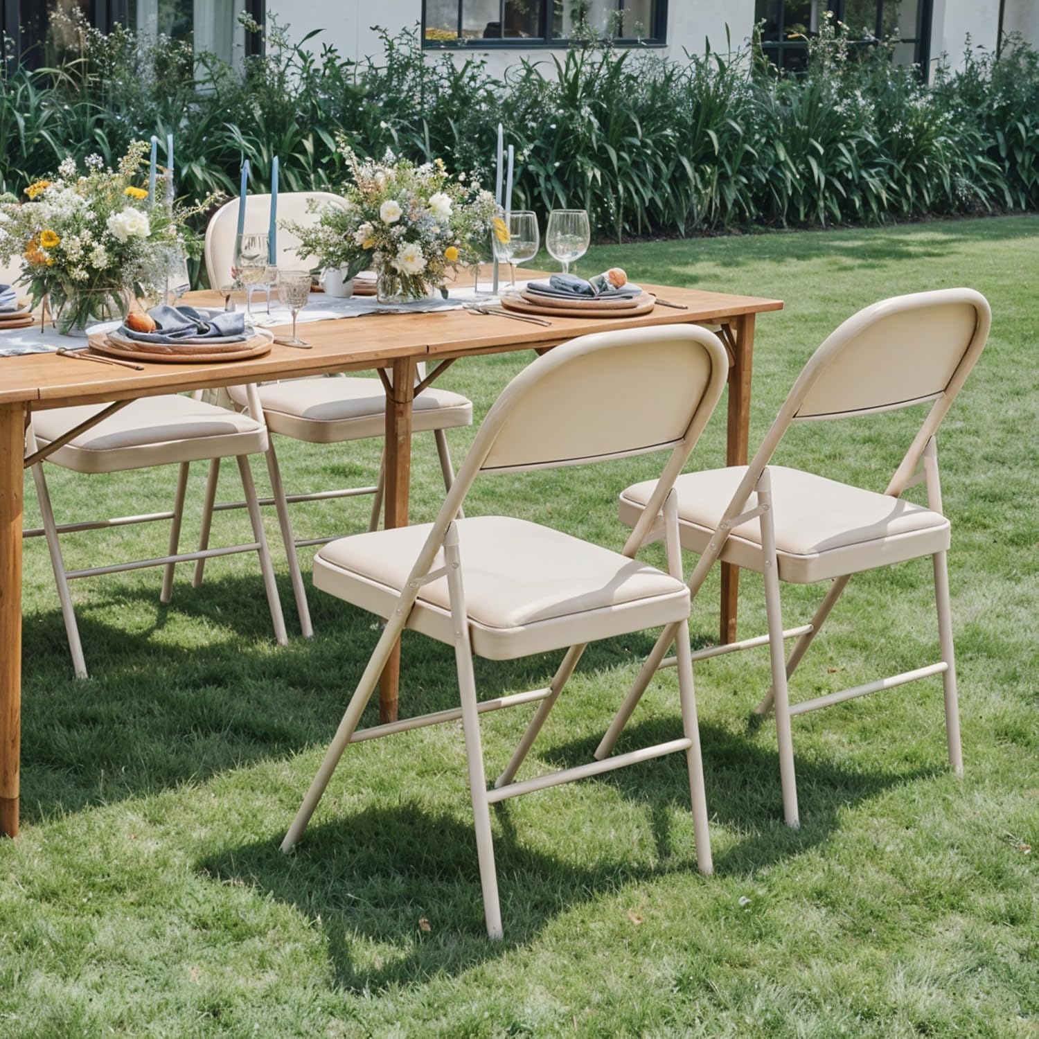 Simple Deluxe 2 Pack Folding Chairs – Padded Leather Seats, Heavy-Duty Metal Frame | Collapsible & Lightweight for Indoor/Outdoor Events, Home, Office, Vinyl Kahki