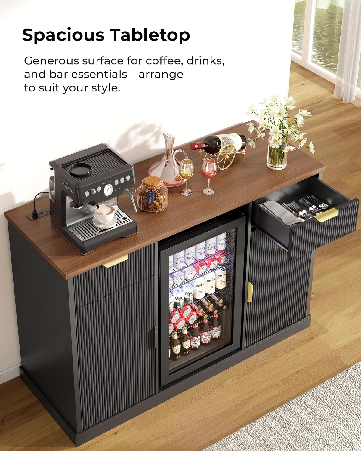 Otterease 55" Large Coffee Bar Cabinet with Fridge Space and Built-in Outlets, Modern Fluted Wine & Liquor Bar Cabinet, Buffet Sideboard Storage Cabinet for Living Room, Dining Room or Home Bar, Black