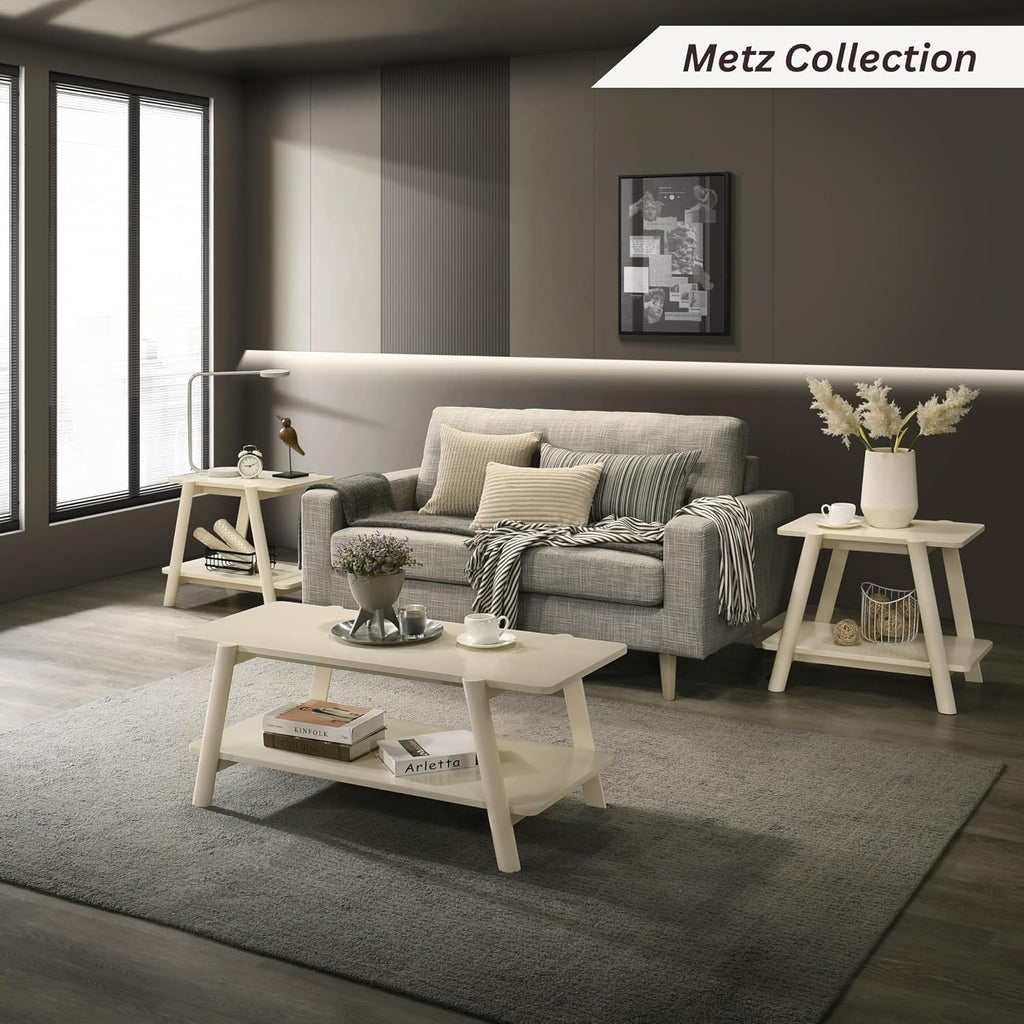 Roundhill Furniture Metz Mid-Century Modern Wood Shelf End Table, Off-White Finish