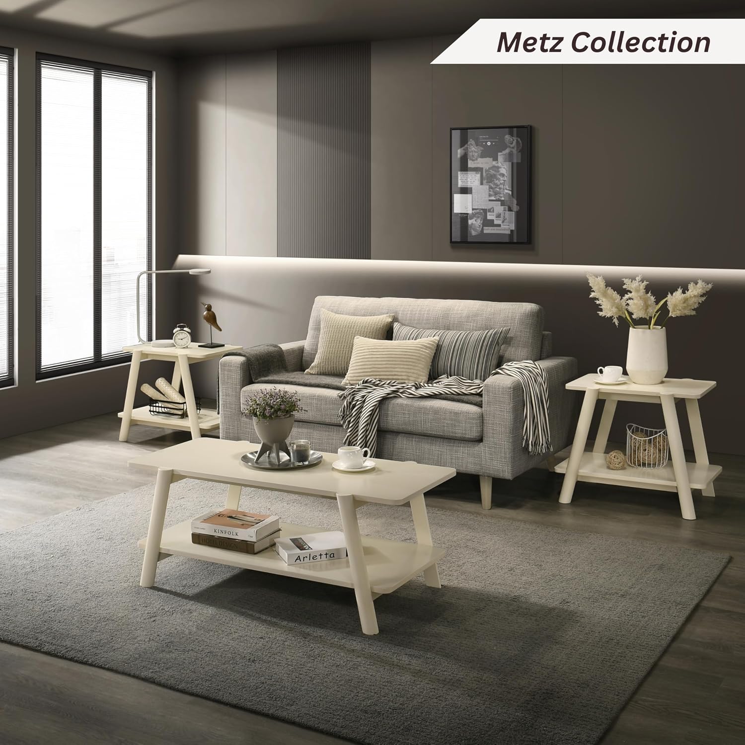 Roundhill Furniture Metz Mid-Century Modern Wood Shelf End Table, Off-White Finish