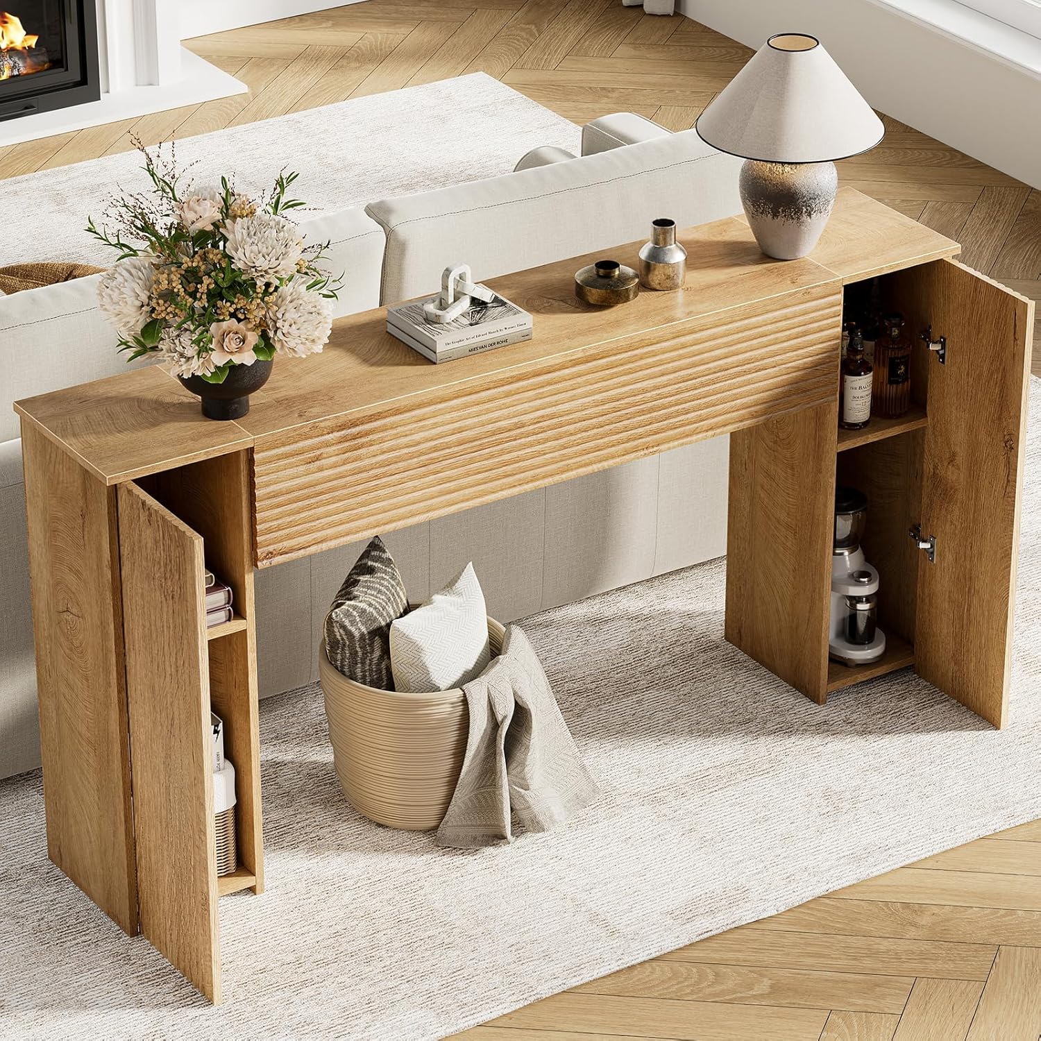 FABATO 61'' Fluted Long Console Table, Wooden Rectangular Sofa Table Behind The Couch, Narrow Entryway Table with 2 Hidden Storage Cabinets for Entrance, Hallway, Living Room, Foyer, Wood