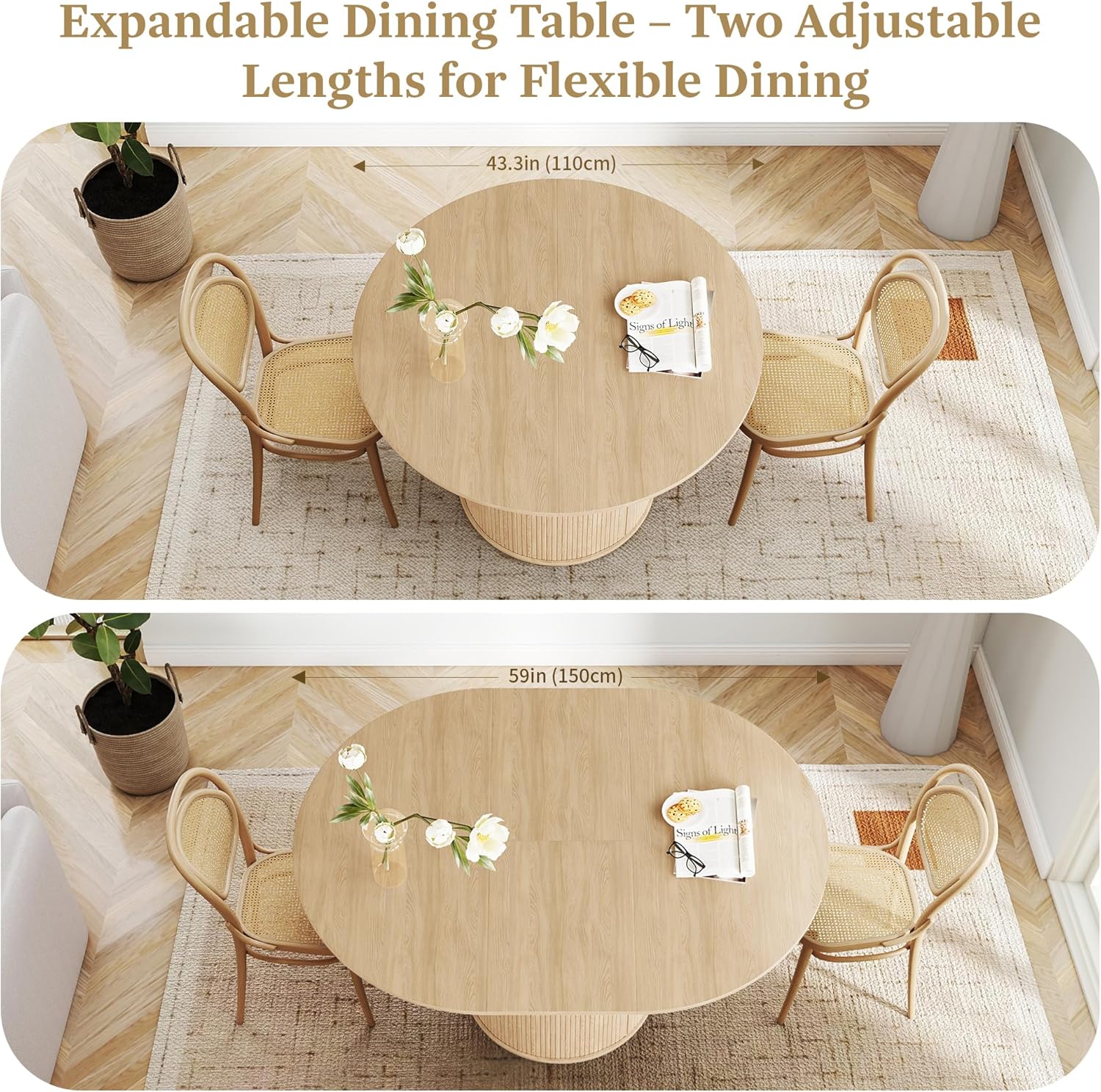 weselon 43"-59" Extendable Round to Oval Dining Table with Hidden Storage, Modern Wooden Kitchen Table with Fluted Sliding Door Cabinet, Expandable Dinner Table for Dining Room Living Room (Natural)