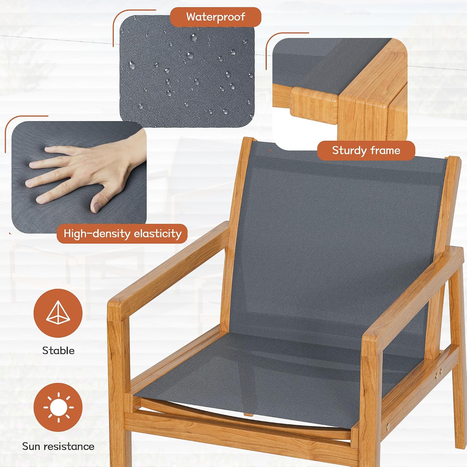 Greesum 4 Piece Furniture Outdoor Acacia Wood Chair with Ottoman for Porch, Balcony, Deck, Patio, Backyard, Gray