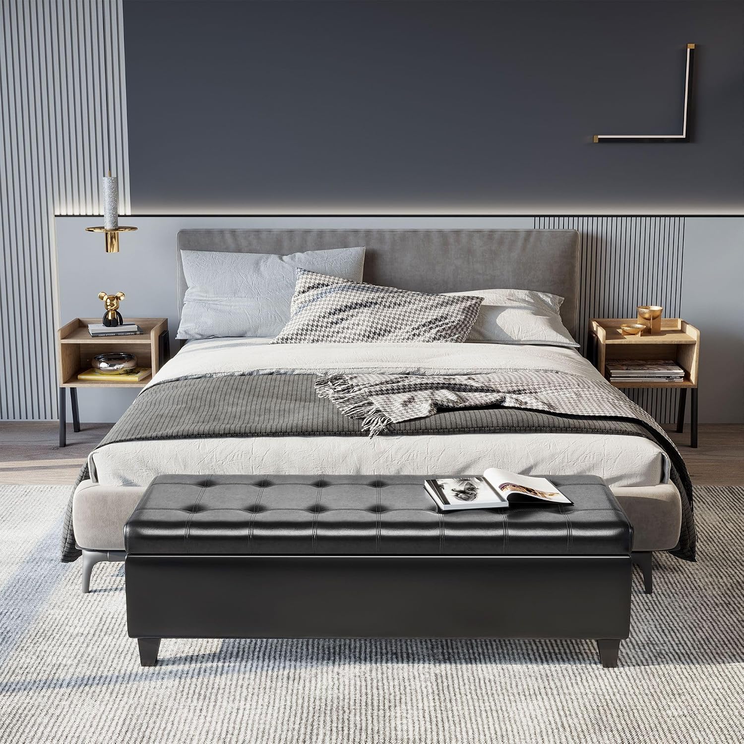 51inches Rectangular Tufted Faux Leather Storage Ottoman Black Modern Premium Comfortable Luxury Stylish Elegant Contemporary