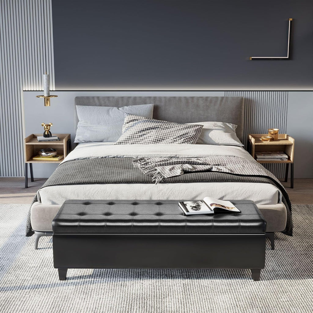 51inches Rectangular Tufted Faux Leather Storage Ottoman Black Durable Premium Comfortable Luxury Stylish Elegant Contemporary