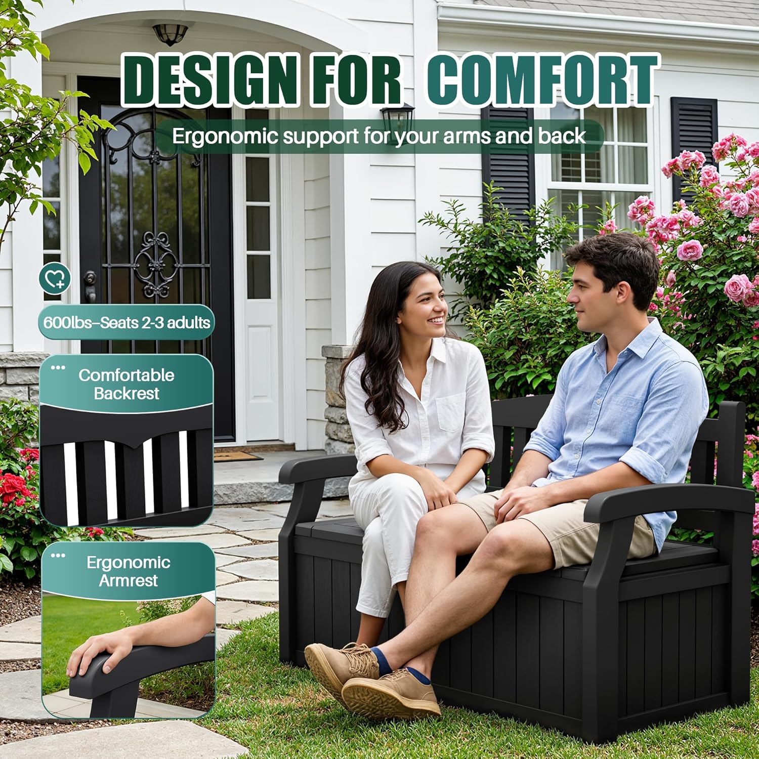 Black 80 Gallon Lockable Resin Deck Box Storage Bench, Waterproof Outdoor Storage Container for Patio Cushions, Garden Tools & Pool Supplies, Extra Patio Seating