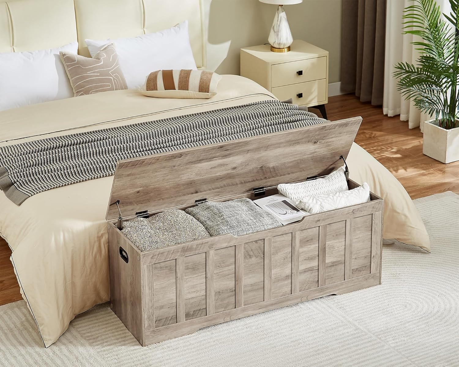 VANKILEY 51.2" Storage Chest Extra Large,Storage Bench with 2 Safety Hinges,Shoe Bench,51.2 * 15.7 * 19.1 inches,Wooden Trunk for Bedroom,livingroom,entryway,Supports 220 lb,Easy Assembly(Greige