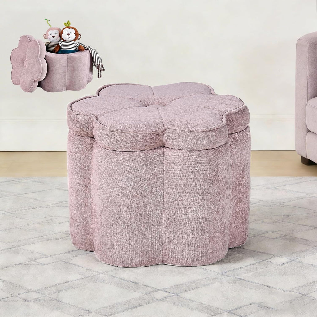 Crestview Collection 14.5" H Pink Flower Storage Ottoman,Sandy Pink | Chenille Fabric,Holds 300 LBS,Seating Foot Rest,For Bedroom Living Room Entryway,Home Decor