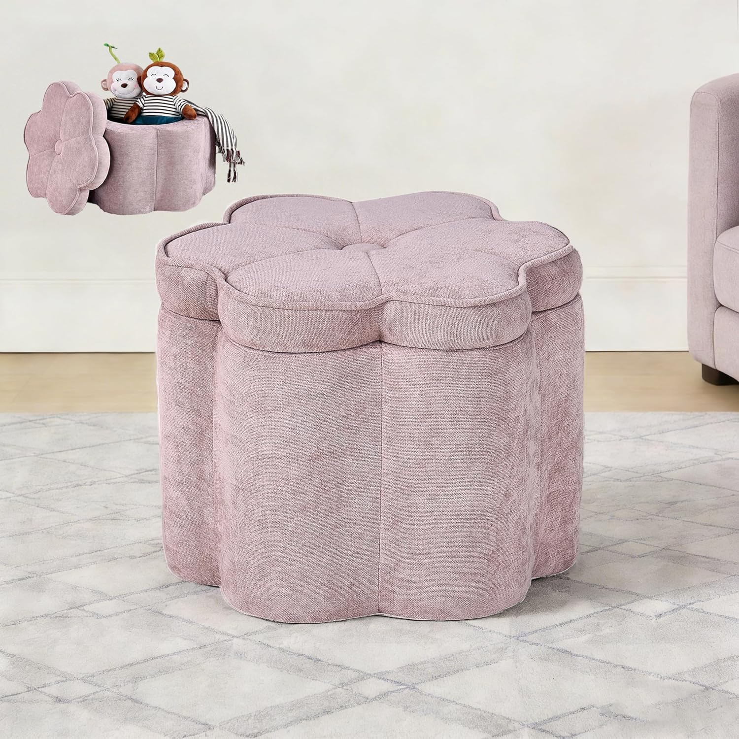 Crestview Collection 14.5" H Pink Flower Storage Ottoman,Sandy Pink | Chenille Fabric,Holds 300 LBS,Seating Foot Rest,For Bedroom Living Room Entryway,Home Decor