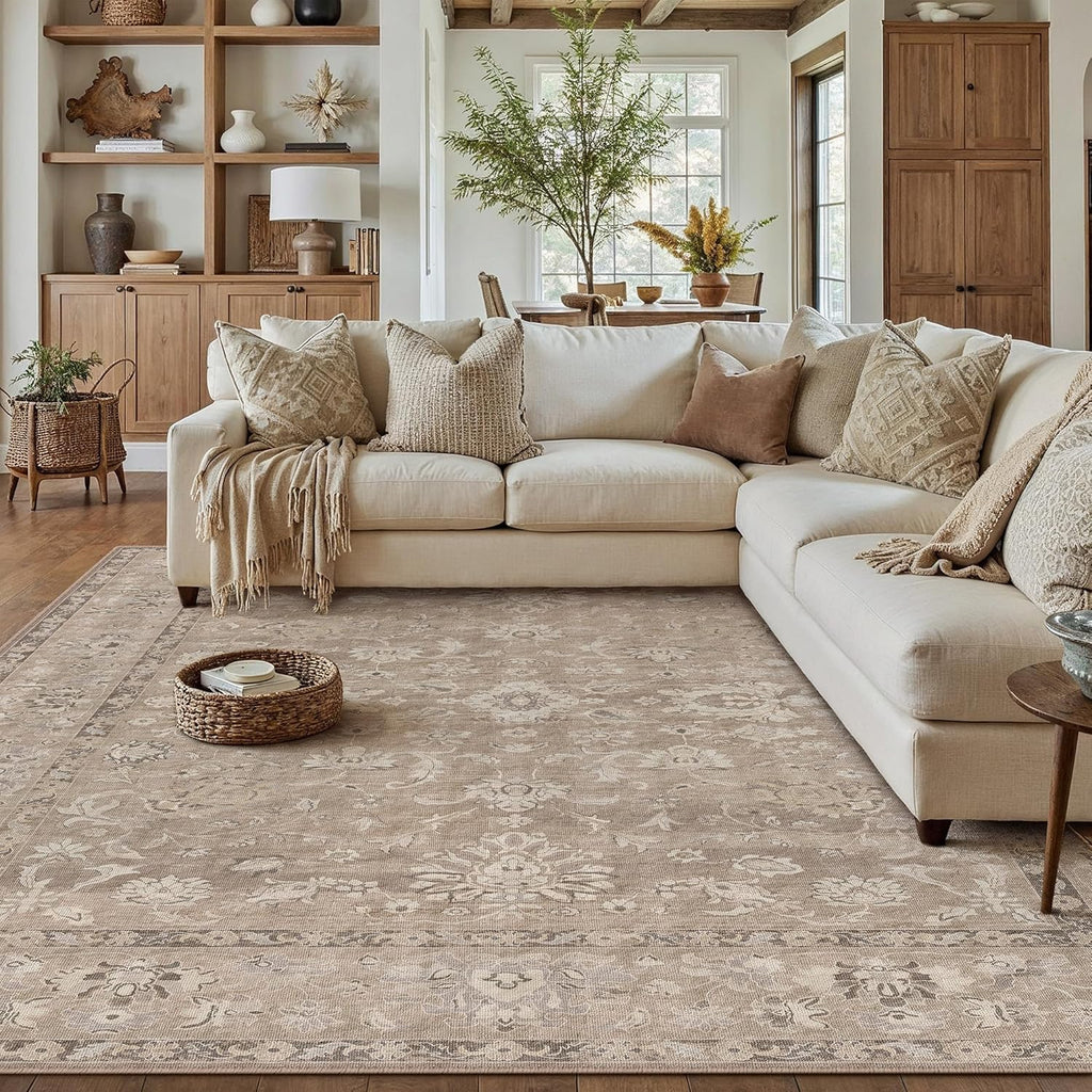HUGEAR 8x10 Washable Vintage Area Rug Light Brown Neutral Distressed Low Pile Non Slip Soft Carpet Indoor Large Throw Rug for Living Room Bedroom Dining Room Home Office