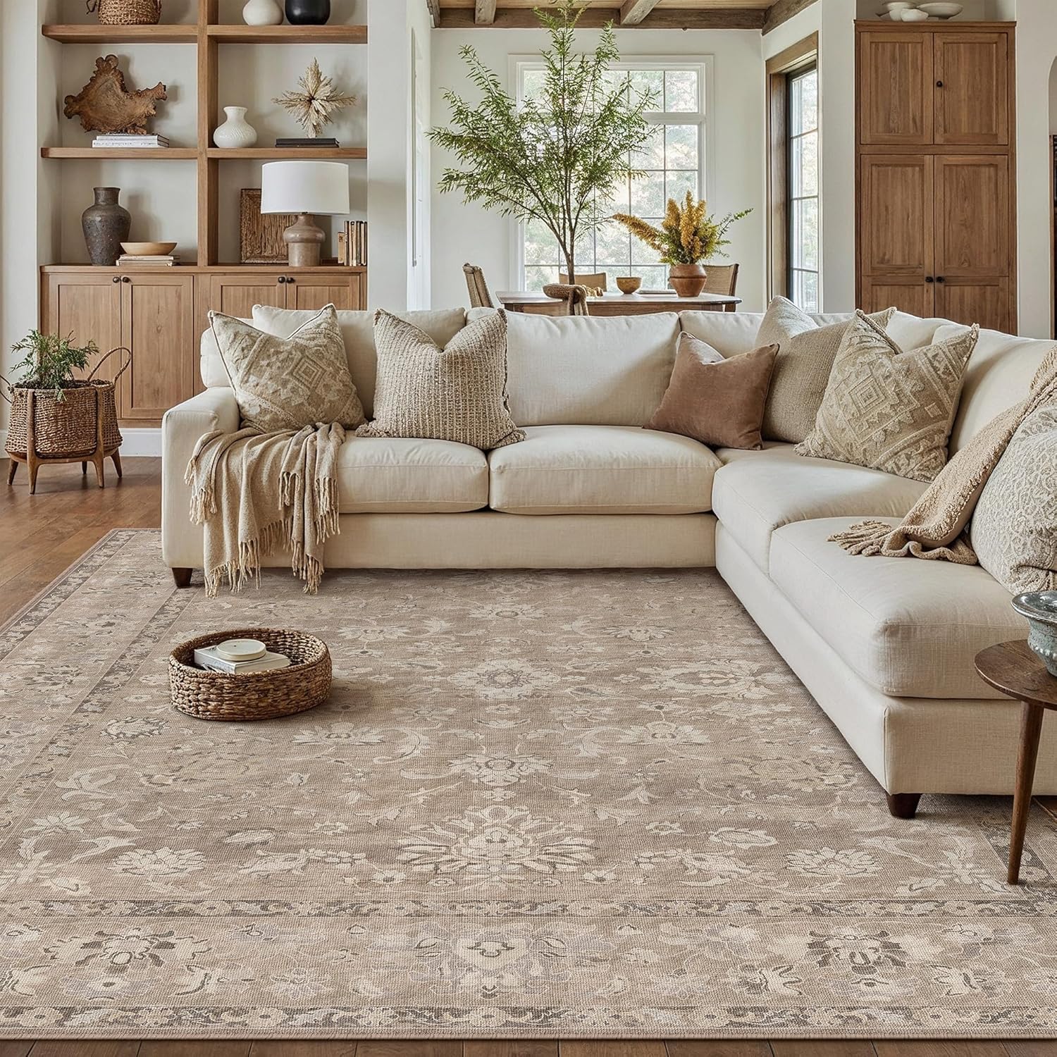 HUGEAR 8x10 Washable Vintage Area Rug Light Brown Neutral Distressed Low Pile Non Slip Soft Carpet Indoor Large Throw Rug for Living Room Bedroom Dining Room Home Office