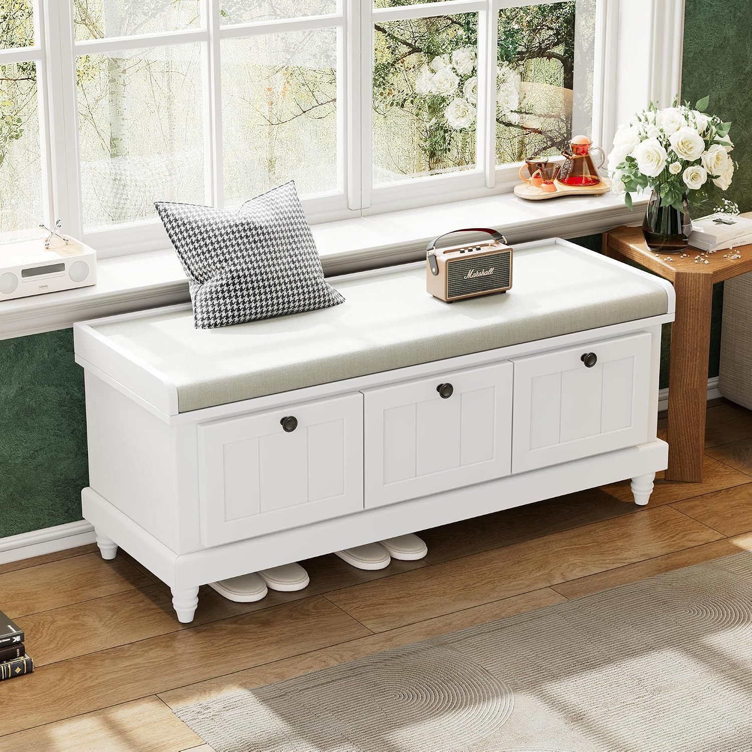TREXM Classic Shoe Bench with Cushion & 3 Drawers, Fluted Storage Entryway Bench for Hallway, Living Room, White