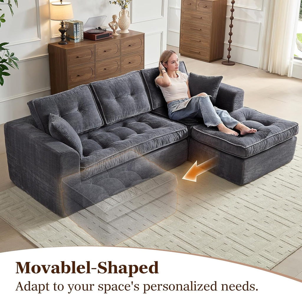 ROXGOX Modular Sectional Sofa, Modern Boneless Couch with L-Shape Chaise, Home Sectional Comfy Sofa Set for Living Room Bedroom and Floor, Plush Corduroy, No Assembly Required (Gray)