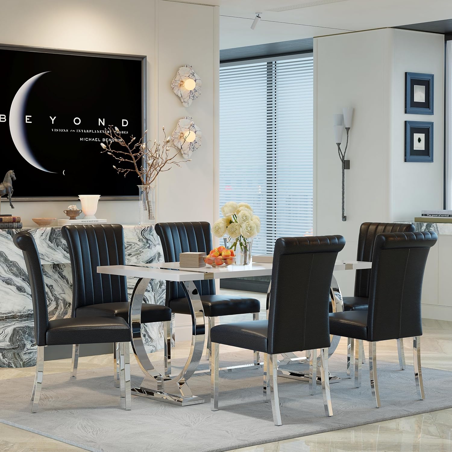 ACEDÉCOR Modern Dining Chairs Set of 6, Black Leather Dining Room Chairs with Silver Stainless Steel Legs, Upholstered Chairs with High Back and Metal Chrome Legs for Kitchen/Living Room/Restaurant