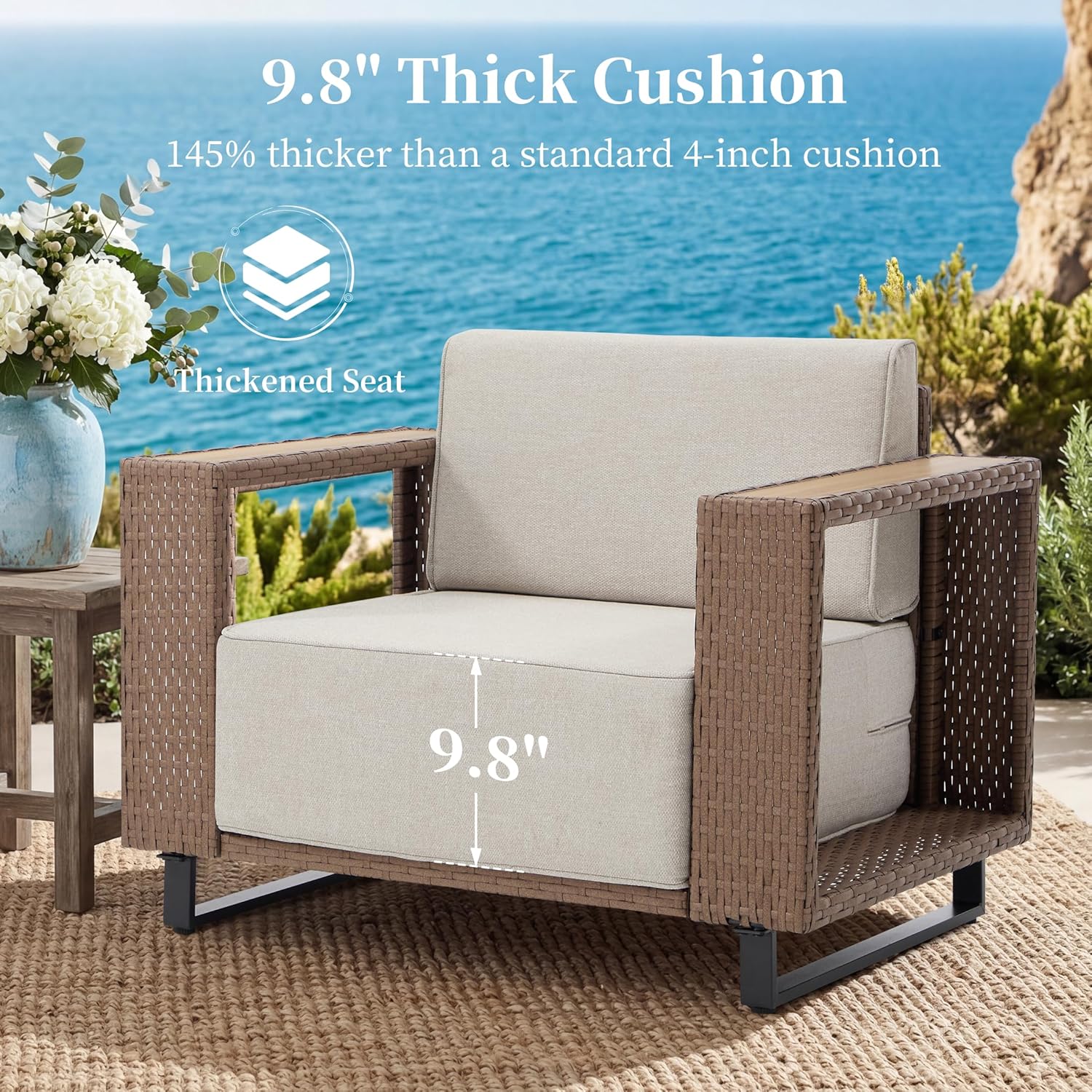 Bonzy Home Wicker Patio Chair, 360° Swivel Rattan Outdoor Patio Chairs with Extra-Thick Soft Cushions and Widened Armrest for Porch, Garden Poolside Balcony