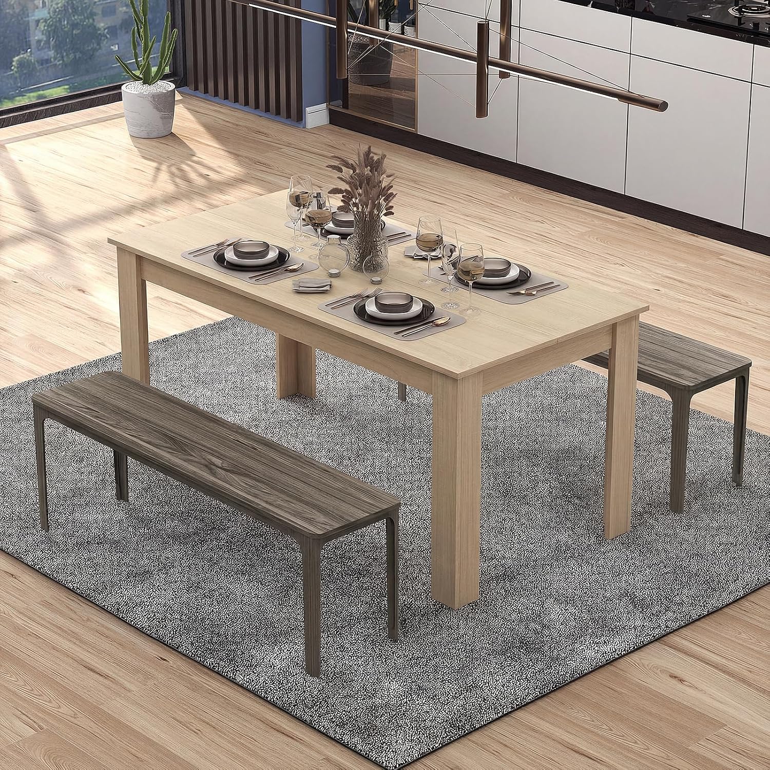 COSTWAY 63”Rectangular Dining Table for 4-6 People,Farmhouse Dinette with Large Computer Workstation, Modern Counter Height Kitchen Table for Small Place, Apartment Living Room Restaurant (Light Oak)