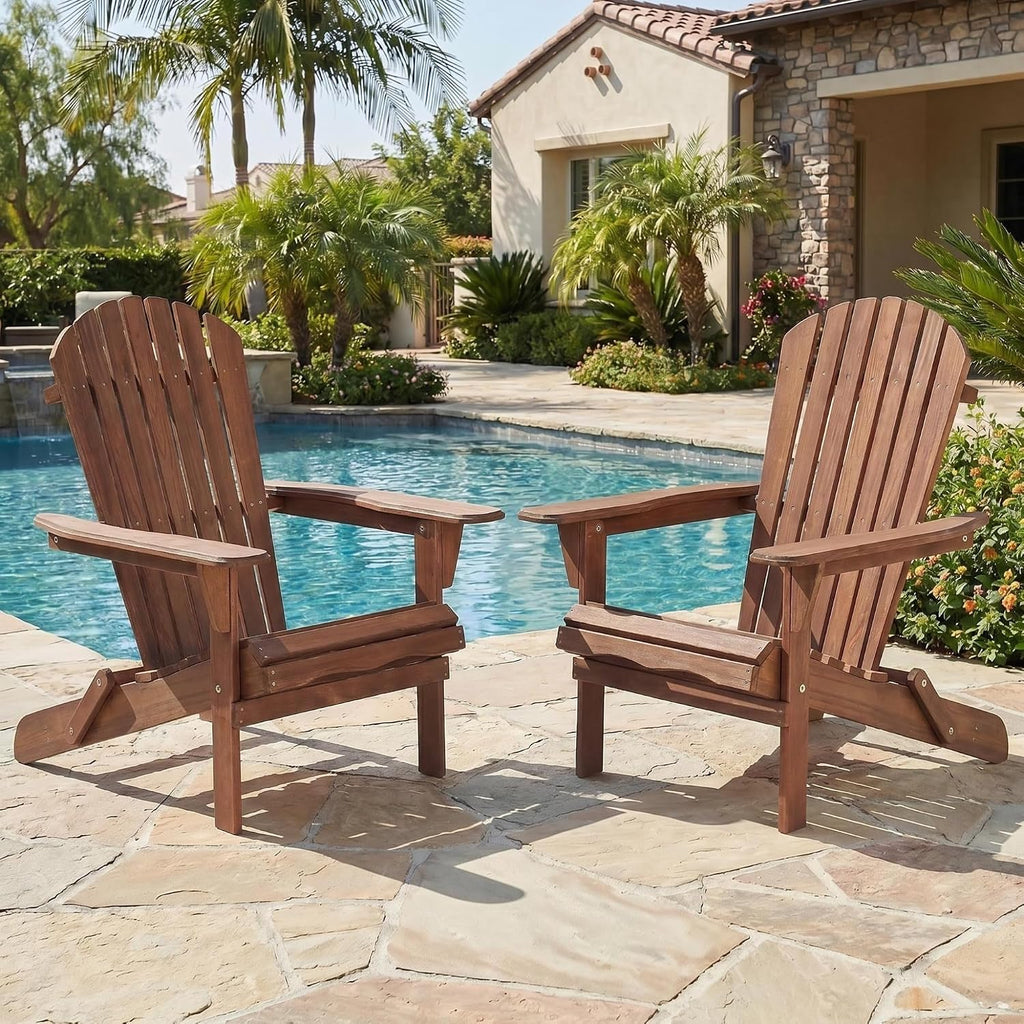 Folding Adirondack Chairs Set of 2 with Pre-Assembled BackRest, Solid Wood Outdoor Lawn Chair Lounge Patio Chair for Garden Backyard Porch Fire Pit, Dark Brown