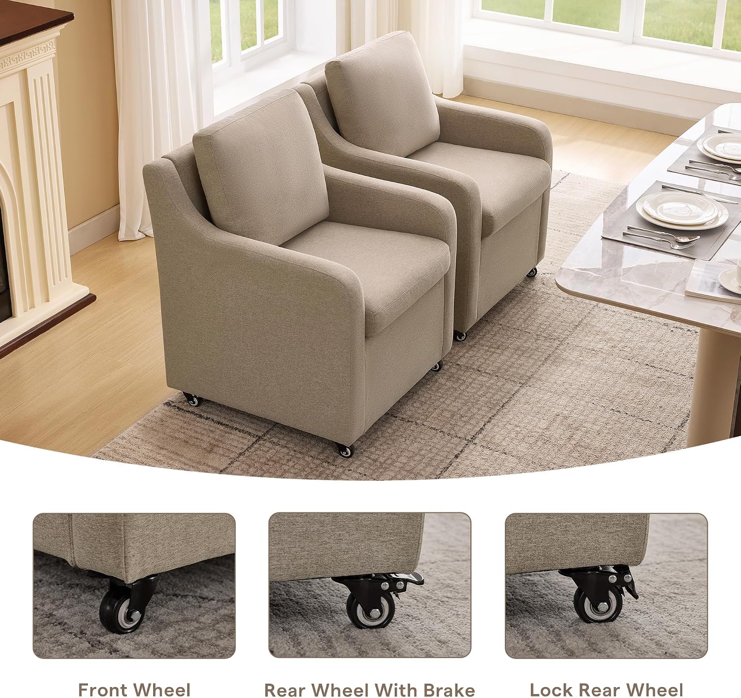 Rolled Dining Chair with Casters, Upholstered Modern Swivel Armchair with Wheels for Kitchen (1, Fabric Camel)