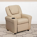 EMMA + OLIVER Beige Vinyl Kids Recliner with Cup Holder and Headrest