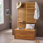 Acacia Wood Mud Bench with Storage and Display Shelves, Classic Wooden Slats for Entryway Organization and Home Interior