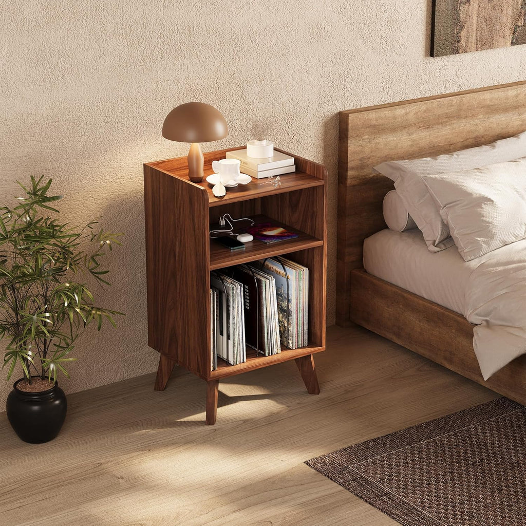 Record Player Stand, Turntable Stand with Record Storage and Charging Station & USB Ports, Record Player Table with Metal Divider, Record Stand Up to 160 Albums for Living Room, Bedroom Walnut