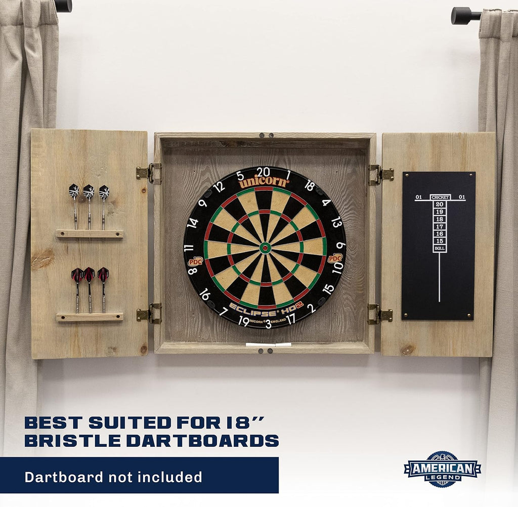 American Legend Barnwood Dartboard Cabinet with Wheat Finished Barn Style Doors - Dartboard Not Included