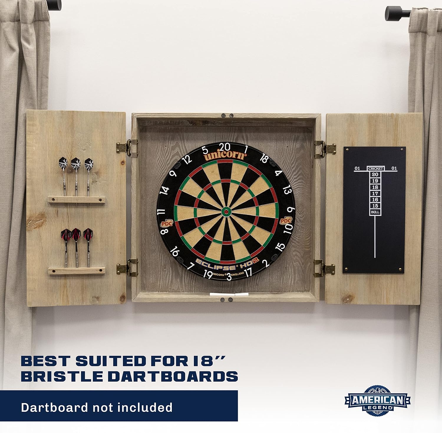 American Legend Barnwood Dartboard Cabinet with Wheat Finished Barn Style Doors - Dartboard Not Included