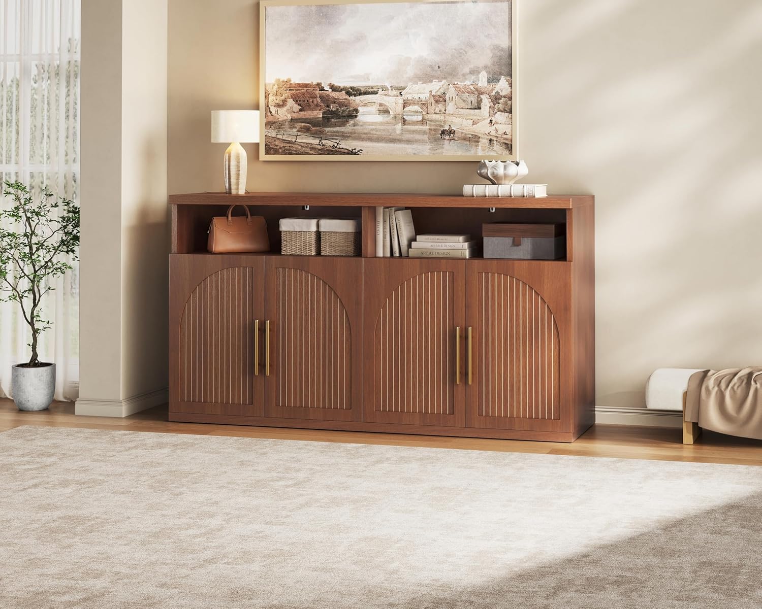 Fluted Buffet Cabinet with Storage, 63" Wide Wood Sideboard Credenza with 4 Doors & Open Storage Shelf, Modern Kitchen Entryway Accent Table for Dining Room Living Room, Kitchen, Hallway, Walnut