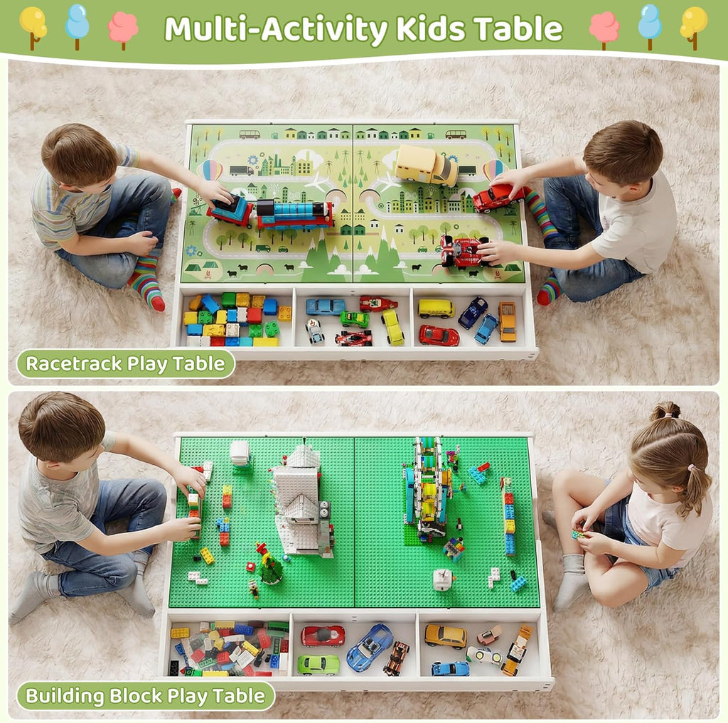 GITAWUSA 3-in-1 Construction Play Table with Storage Compatible with Lego, Rolling Kids Activity Table, Double Sided Desktop, Train Table for Toddlers 3-8, Convenient Storage Under the Bed and Sofa