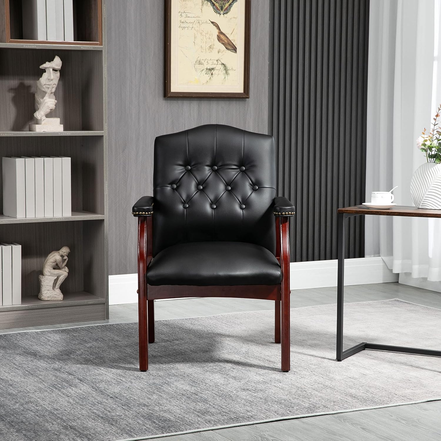 Leather Office Reception Guest Chairs, Ergonomic Office Executive Side Chair, Mid-Back Waiting Room Conference Office Guest Lobby Chairs with Padded Seat and Arms,No Wheels,1 PC(Black)