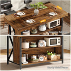 Tribesigns Large Kitchen Island with Storage, 55-Inch Wooden Stationary Island Table with Metal Frame, 3-Tier Industrial Center Bar Table with Thickened Countertop for Kitchen, Dining Room, Brown