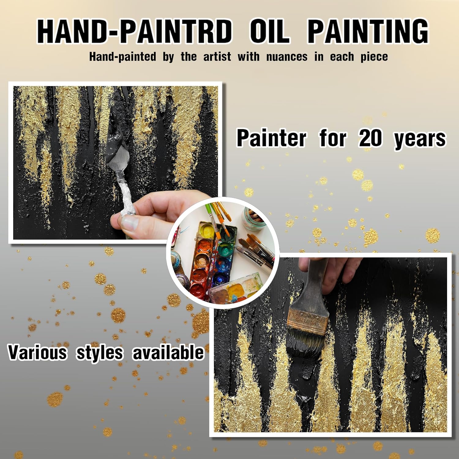 Large Hand Painted 3D Canvas Wall Art for Living Room, Neutral Abstract Black and Gold Texture Minimalismt Painting Handmade Picture Artwork Wall-Decor for Bedroom Home Decoration, Size 40x20 inches