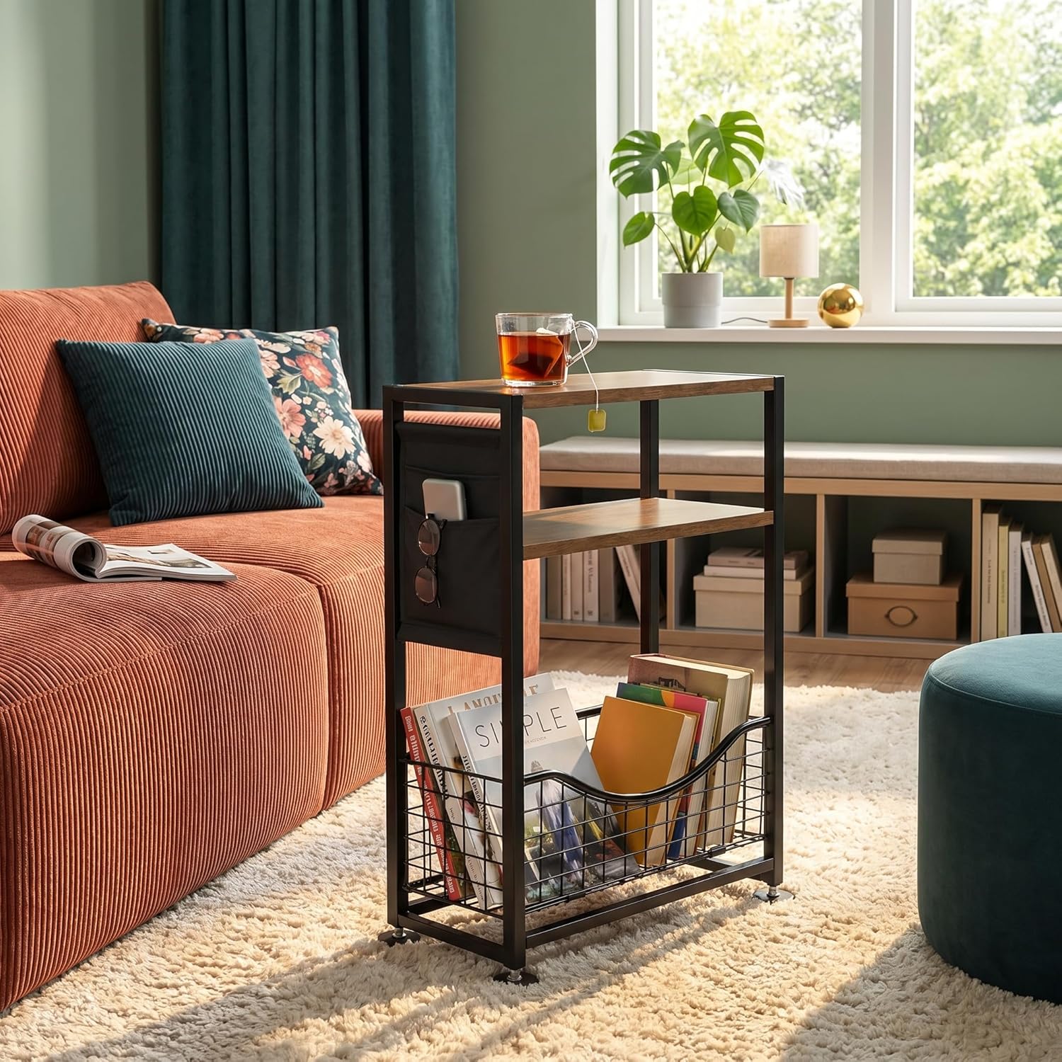 Skinny Side Table with Storage, 3 Tier Slim Side Tables for Small Spaces, Skinny End Table Narrow Bedside Table Narrow Side Table for Living Room, Bedroom